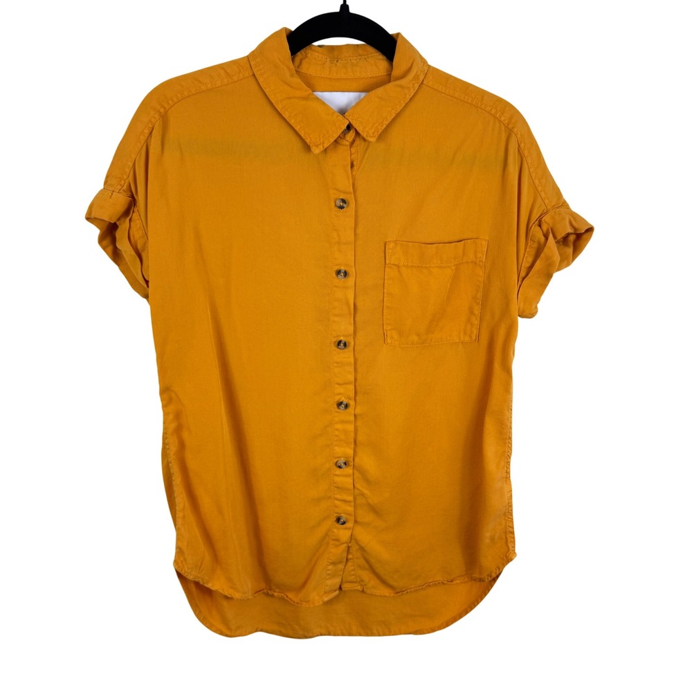 Lola River Women Stella Mustard Yellow Tencel Short Sleeve Button Up Shirt Small